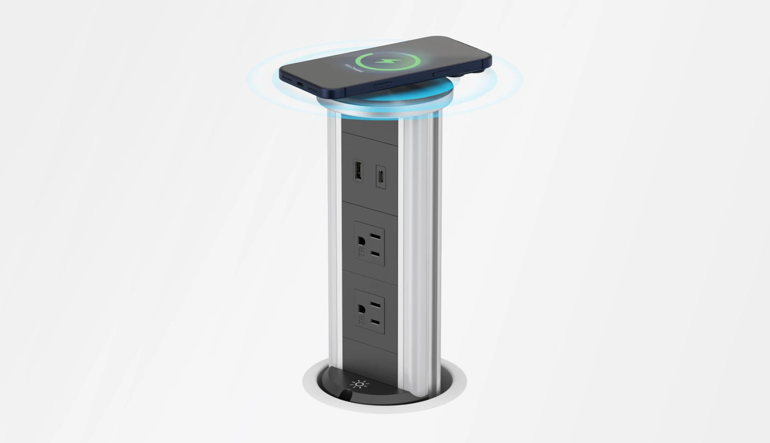 Multifunctional charging station with power outlets and a wireless charging pad on a white background